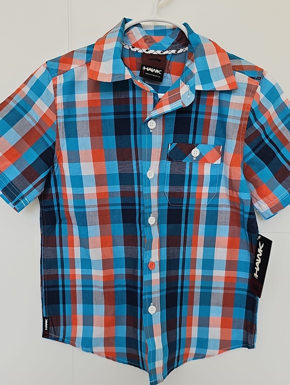 NWT Tony Hawk Blue,Orange & White Plaid Short-Sleeve Button-Up Shirt Boys Sz S